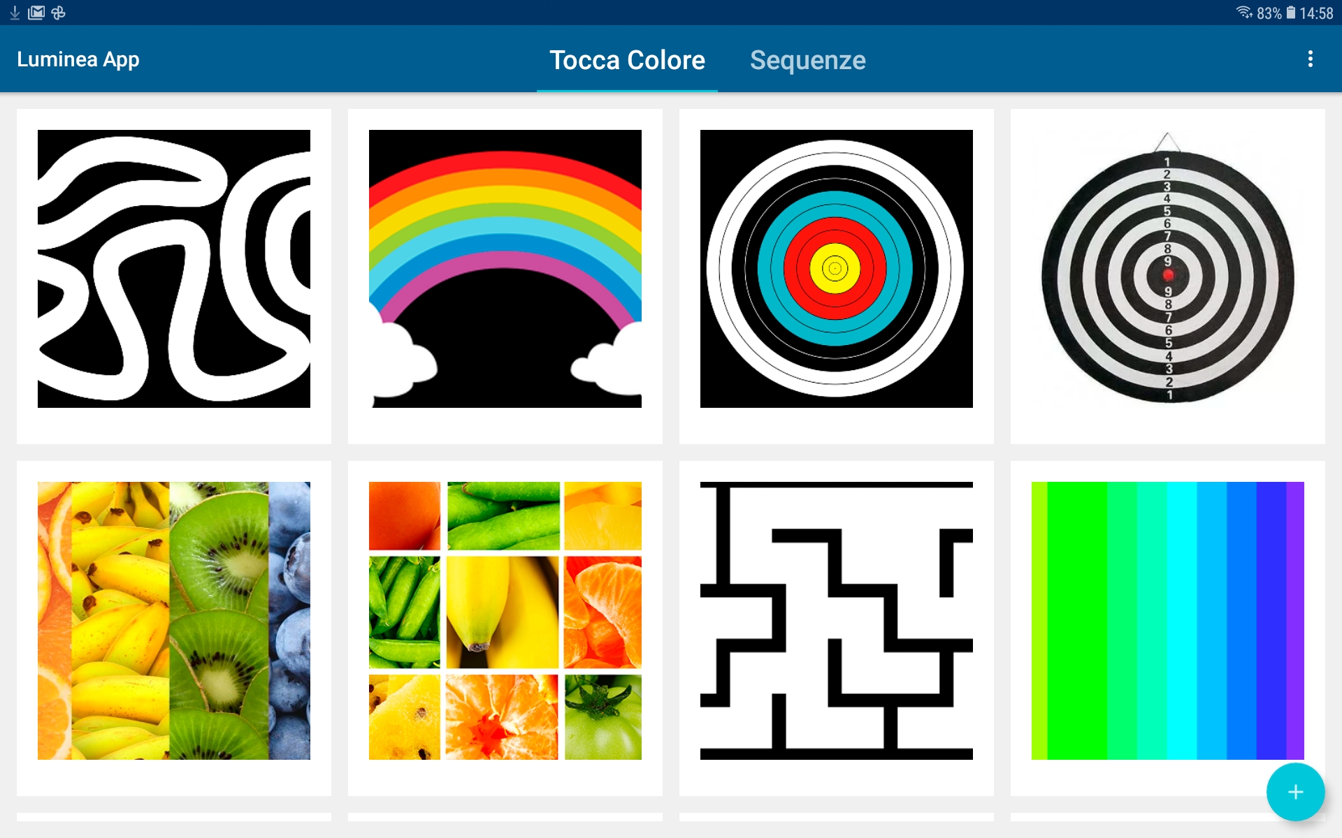 Schermata in italiano della app Luminea che mostra le due possibilità Tocca Colore e Sequenza