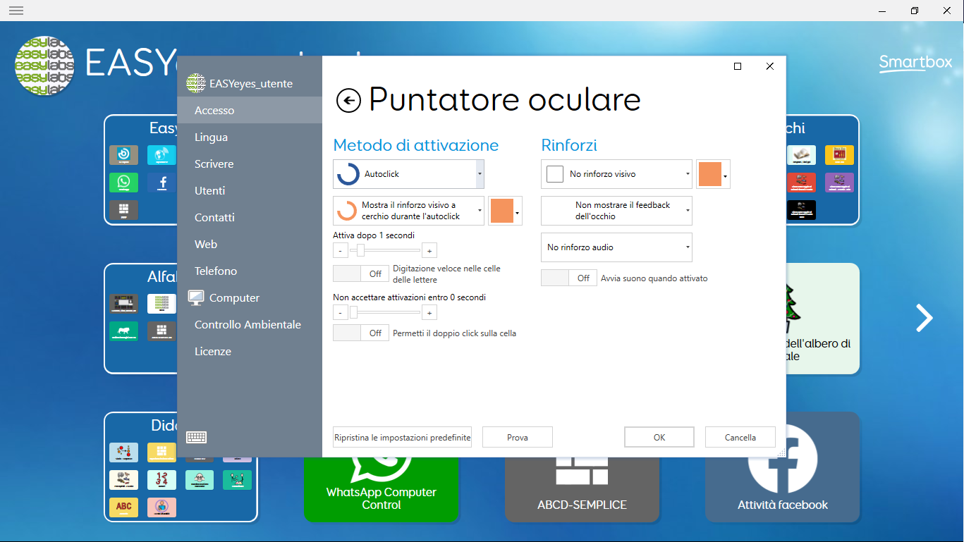 Grid3 Impostazioni Accesso Puntamento oculare ALEA, parametri vari