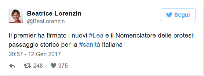 Tweet della ministra Lorenzin che annuncia la firma dei Lea da parte del premier Gentiloni