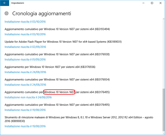 Pannello Impostazioni--Cronologia aggiornamenti di Windows 10 